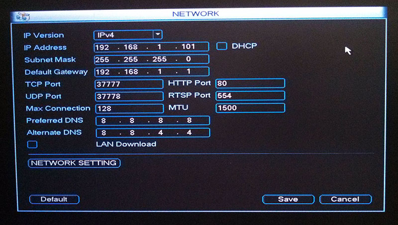 DVR Network Menu