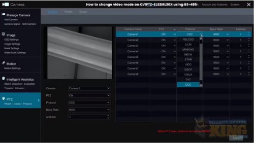 Change Video Mode On CVIPTZ-ELS2IRL30X