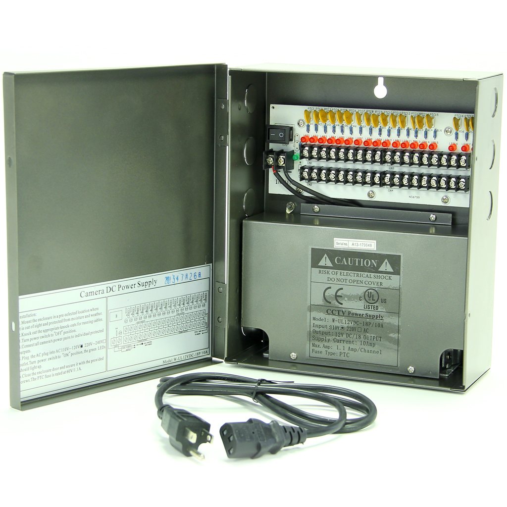 18CH Security Camera Power Supply Box DC 12V 10A Distribution for cctv System 